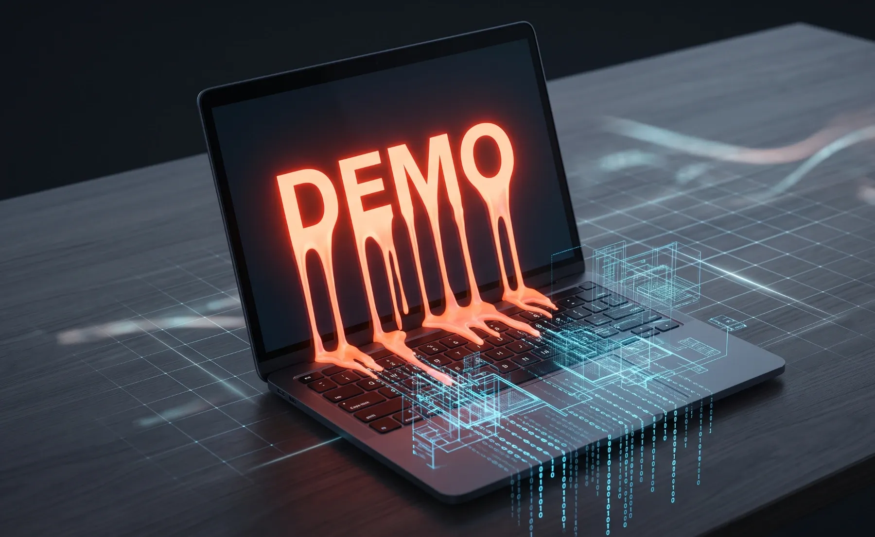 A close-up shot of a modern, open laptop sitting on a dark wooden desk. On the screen, the word "DEMO" is rendered in a glowing orange, three-dimensional font that appears to be physically melting and dripping down the screen. The liquid drips dissolve into a glowing, holographic light-blue architectural blueprint and digital code matrix that cascades across the keyboard and off the front of the laptop.
